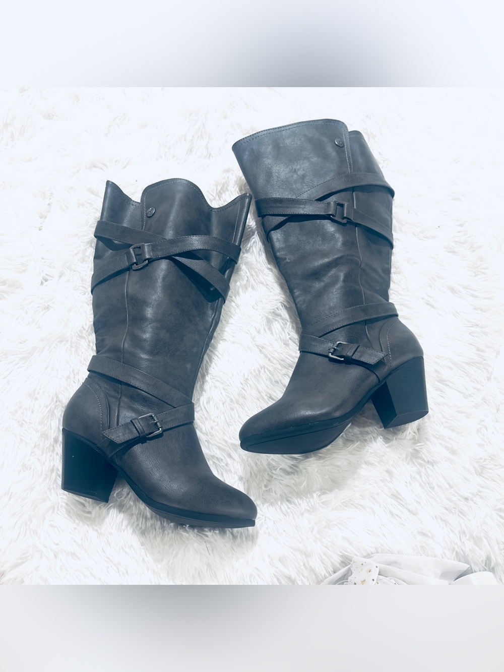 cloudwalkers NEW Knee high Dark Gray Cross Strap Extended Width Heeled Boots 10W